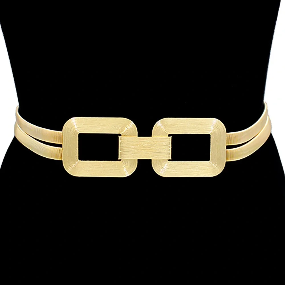 Brushed Metal Rectangle Buckle Accented Stretch Statement Belt